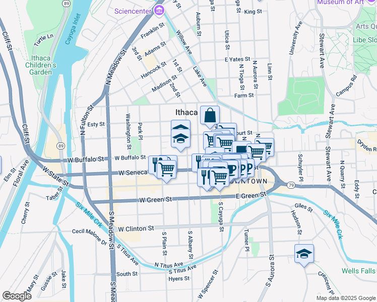 map of restaurants, bars, coffee shops, grocery stores, and more near in Ithaca