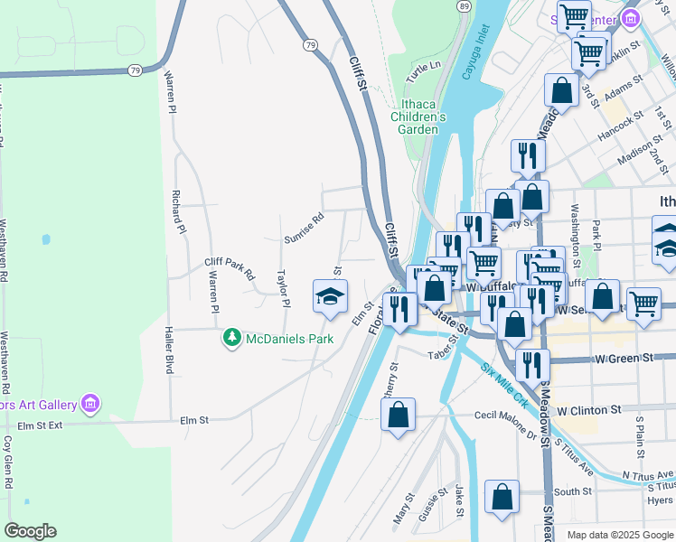 map of restaurants, bars, coffee shops, grocery stores, and more near 111-399 Chestnut Street in Ithaca