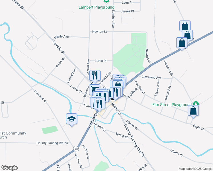 map of restaurants, bars, coffee shops, grocery stores, and more near 11 Church Street in Fredonia