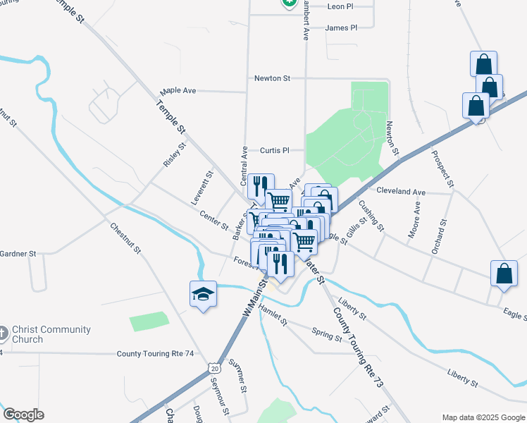 map of restaurants, bars, coffee shops, grocery stores, and more near 38 Temple Street in Fredonia