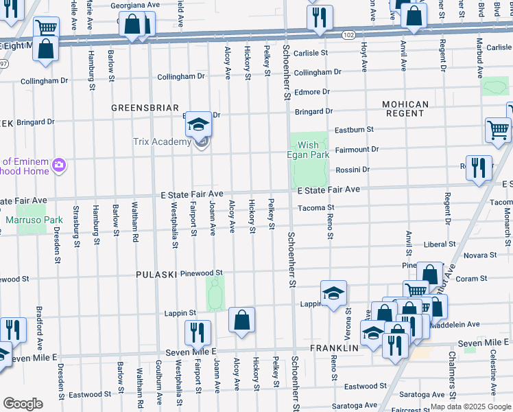 map of restaurants, bars, coffee shops, grocery stores, and more near 13410 Tacoma Street in Detroit