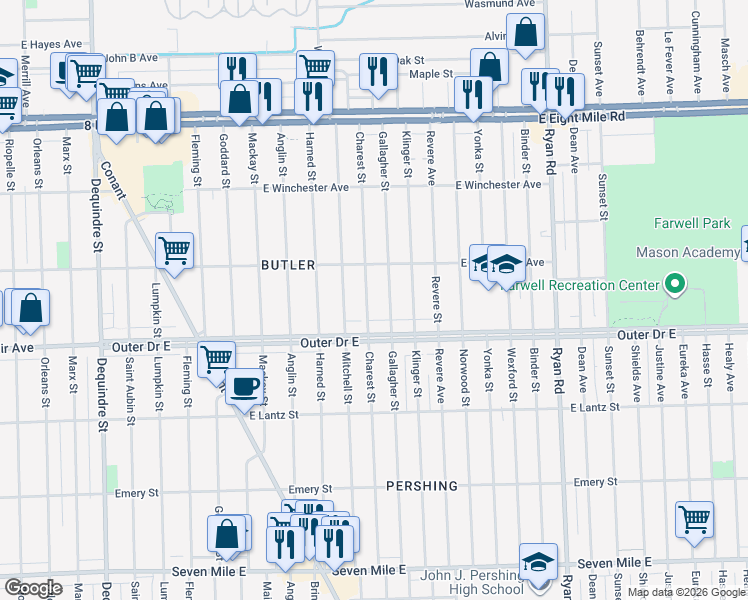 map of restaurants, bars, coffee shops, grocery stores, and more near 19940 Charest Street in Detroit
