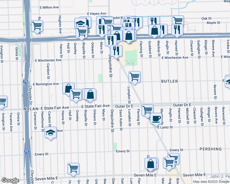 map of restaurants, bars, coffee shops, grocery stores, and more near 19957 Saint Aubin Street in Detroit