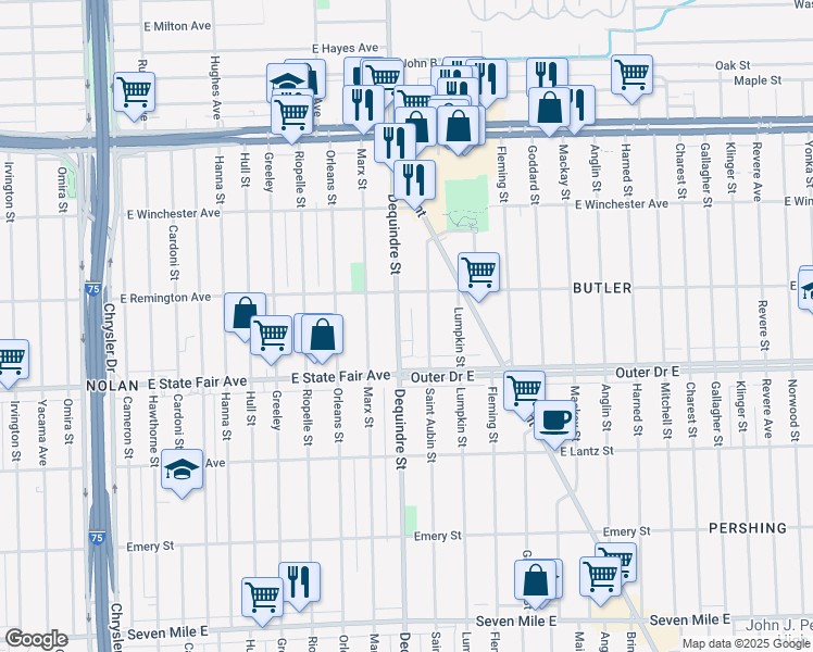 map of restaurants, bars, coffee shops, grocery stores, and more near 19951 Dequindre Street in Detroit