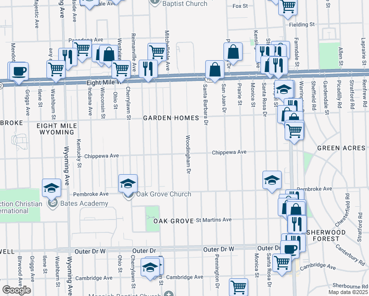 map of restaurants, bars, coffee shops, grocery stores, and more near 20065 Woodingham Drive in Detroit