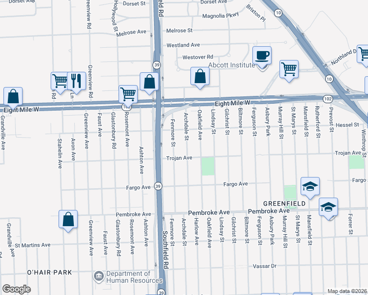 map of restaurants, bars, coffee shops, grocery stores, and more near 20200 Archdale Street in Detroit