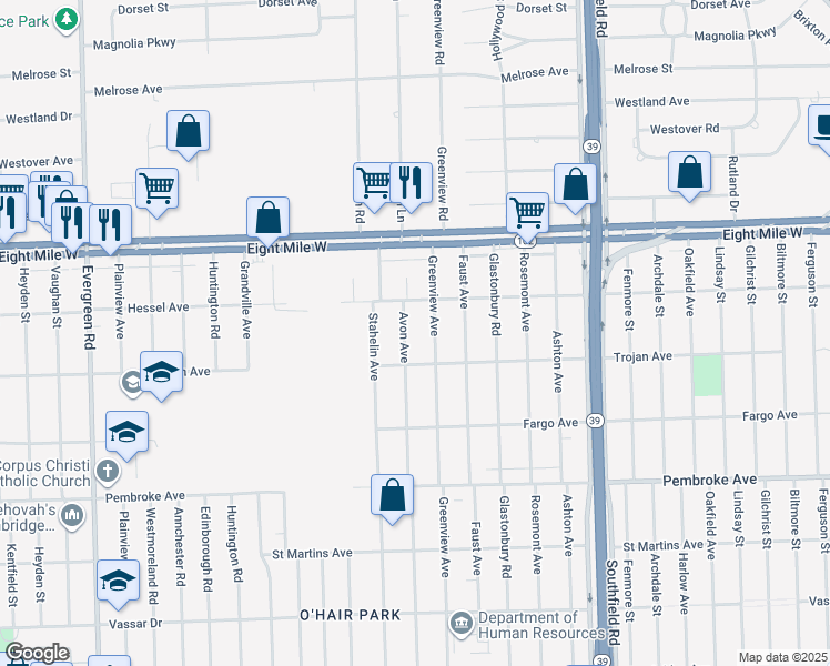 map of restaurants, bars, coffee shops, grocery stores, and more near 20215 Greenview Avenue in Detroit