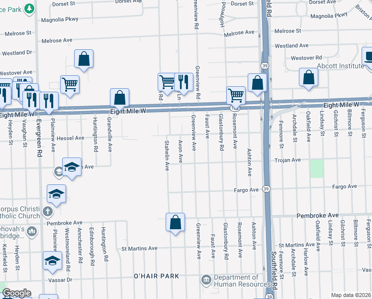map of restaurants, bars, coffee shops, grocery stores, and more near 20215 Greenview Avenue in Detroit