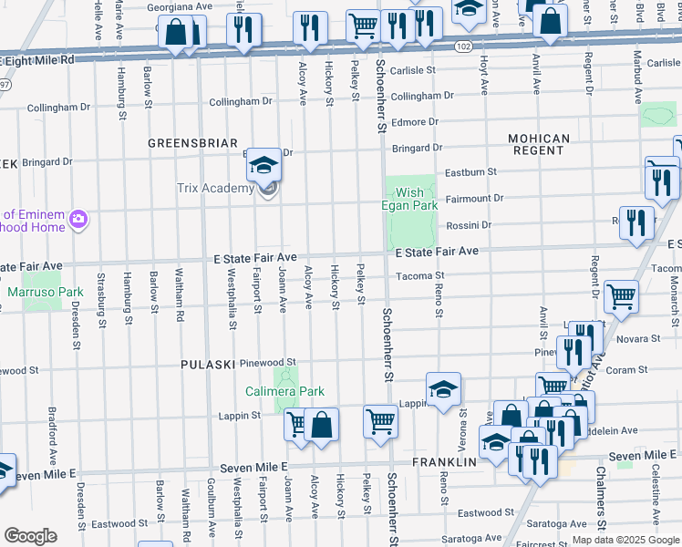 map of restaurants, bars, coffee shops, grocery stores, and more near 13410 Tacoma Street in Detroit