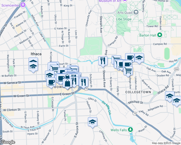 map of restaurants, bars, coffee shops, grocery stores, and more near East Buffalo Street & Schuyler Place in Ithaca