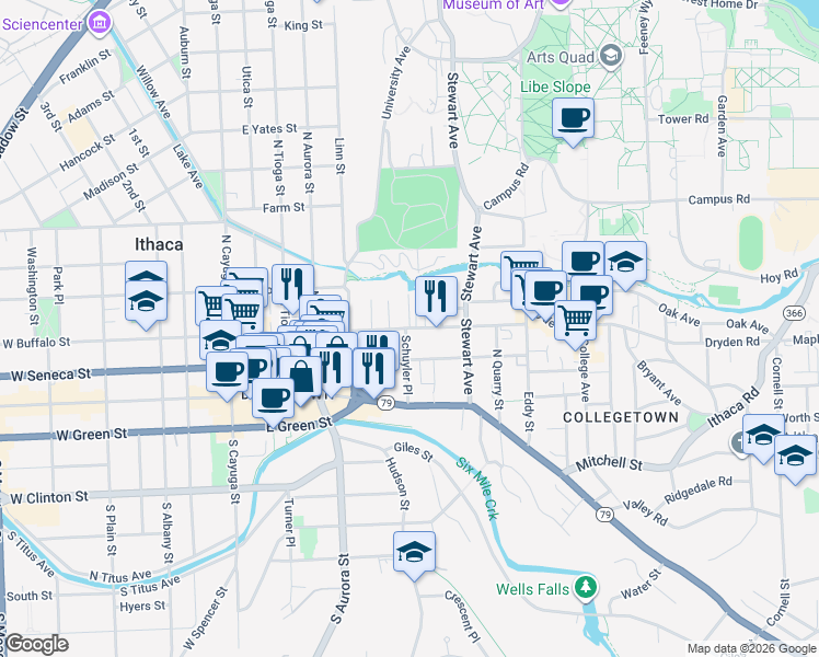 map of restaurants, bars, coffee shops, grocery stores, and more near East Buffalo Street & Glen Place in Ithaca