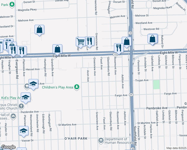 map of restaurants, bars, coffee shops, grocery stores, and more near 20215 Greenview Avenue in Detroit