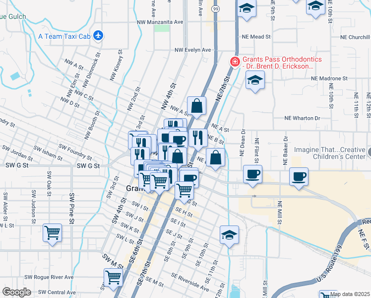 map of restaurants, bars, coffee shops, grocery stores, and more near 124 Northwest D Street in Grants Pass