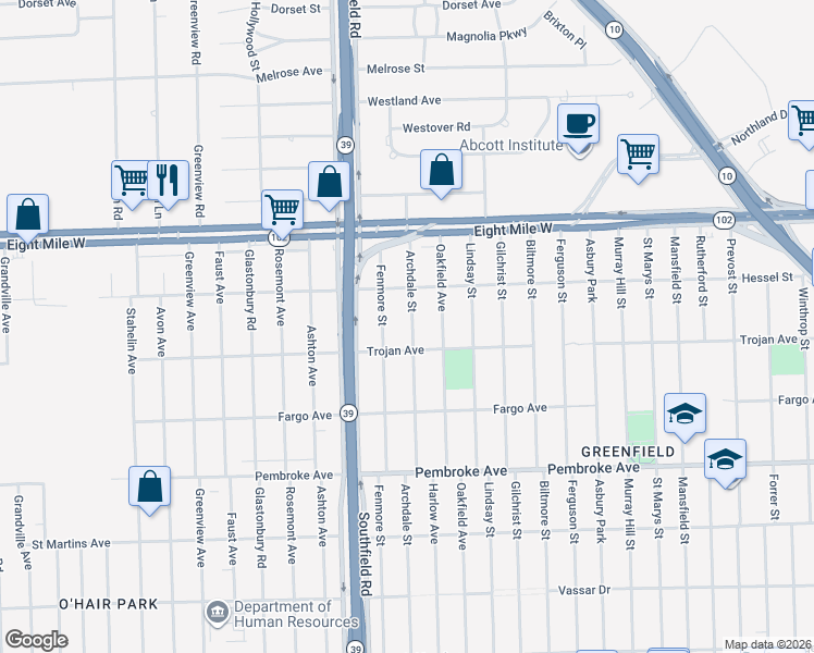 map of restaurants, bars, coffee shops, grocery stores, and more near 20200 Archdale Street in Detroit