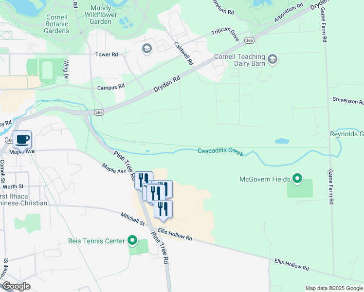map of restaurants, bars, coffee shops, grocery stores, and more near East Ithaca Recreation Way in Ithaca