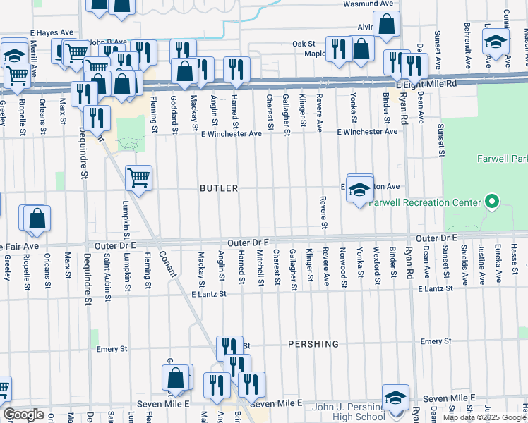 map of restaurants, bars, coffee shops, grocery stores, and more near 19939 Mitchell Street in Detroit
