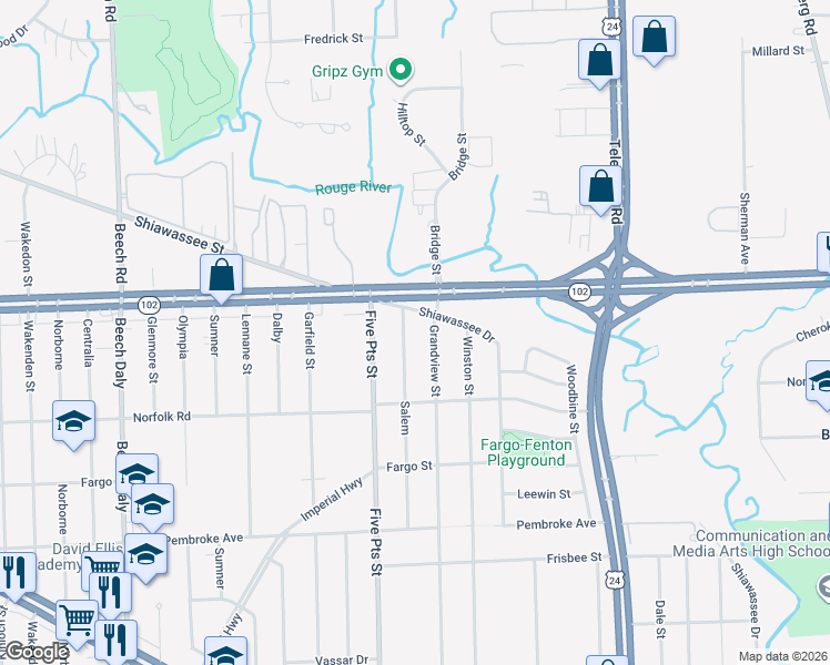 map of restaurants, bars, coffee shops, grocery stores, and more near 20490 Salem in Detroit