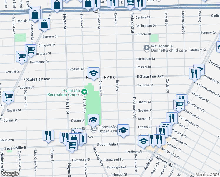 map of restaurants, bars, coffee shops, grocery stores, and more near 15691 Manning Street in Detroit