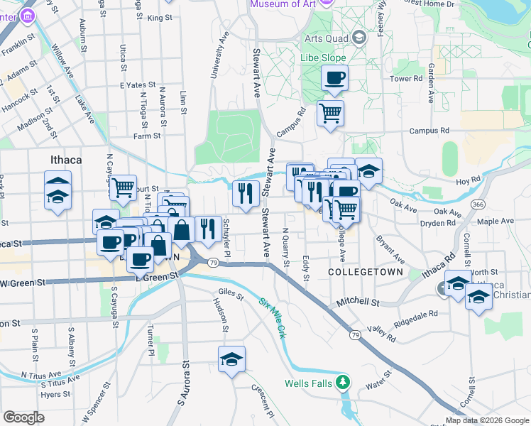 map of restaurants, bars, coffee shops, grocery stores, and more near Stewart Ave & E Buffalo St in Ithaca