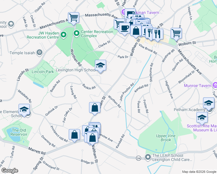 map of restaurants, bars, coffee shops, grocery stores, and more near 255 Waltham Street in Lexington