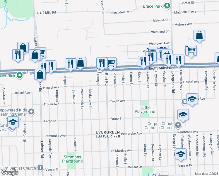 map of restaurants, bars, coffee shops, grocery stores, and more near 20250 Burt Road in Detroit