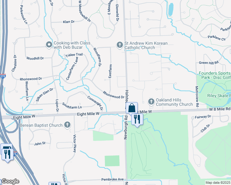 map of restaurants, bars, coffee shops, grocery stores, and more near 37480 Rhonswood Drive in Northville