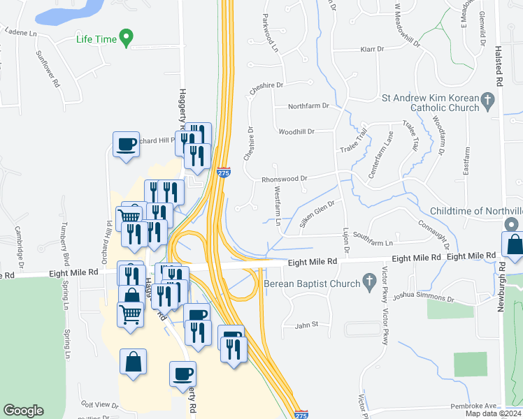 map of restaurants, bars, coffee shops, grocery stores, and more near 39014 Cattail in Northville