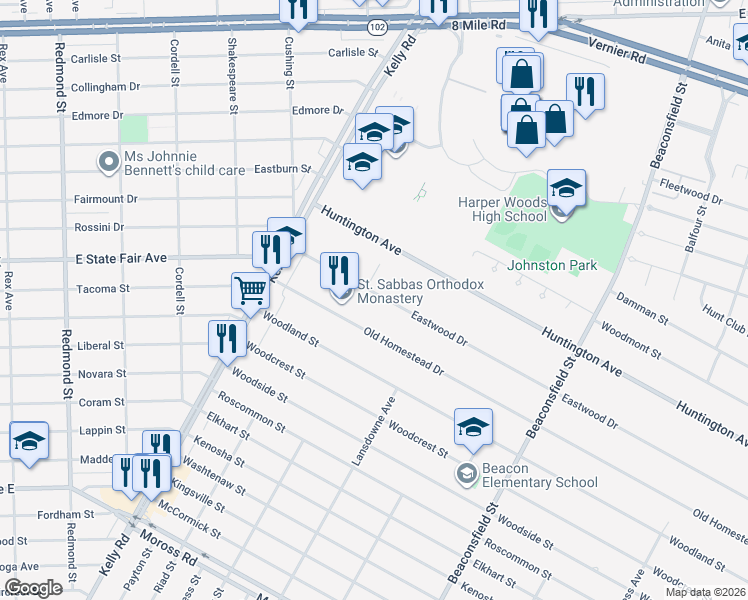 map of restaurants, bars, coffee shops, grocery stores, and more near 18920 Eastwood Drive in Harper Woods
