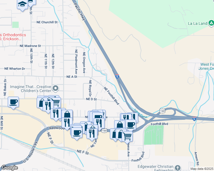 map of restaurants, bars, coffee shops, grocery stores, and more near 1703 Northeast Foothill Boulevard in Grants Pass