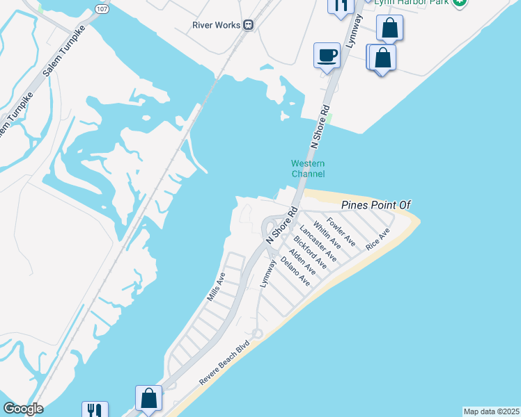 map of restaurants, bars, coffee shops, grocery stores, and more near Lynnway in Revere