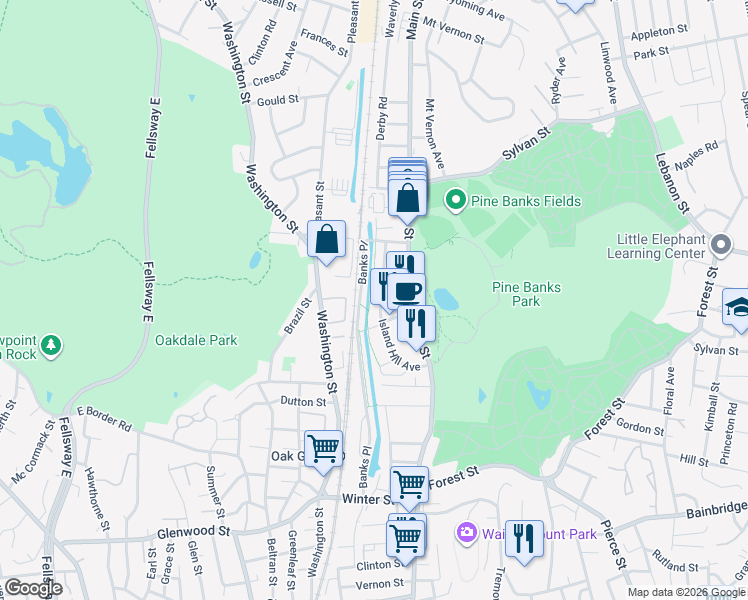 map of restaurants, bars, coffee shops, grocery stores, and more near 12 Island Hill Avenue in Melrose