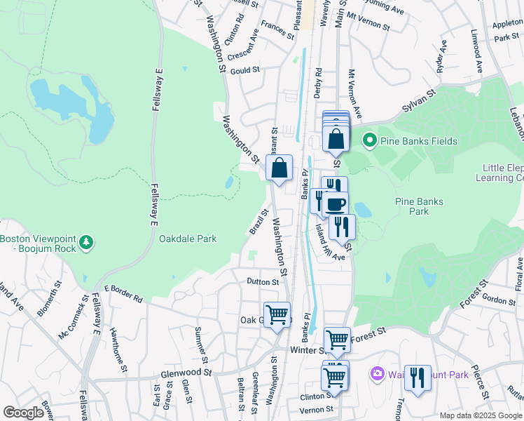 map of restaurants, bars, coffee shops, grocery stores, and more near 40 Brazil Street in Melrose