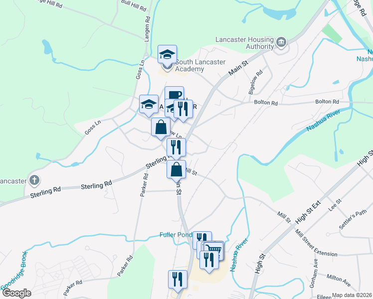 map of restaurants, bars, coffee shops, grocery stores, and more near 52 Mill Street in Lancaster