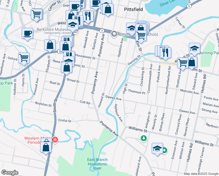 map of restaurants, bars, coffee shops, grocery stores, and more near 87 Howard Street in Pittsfield