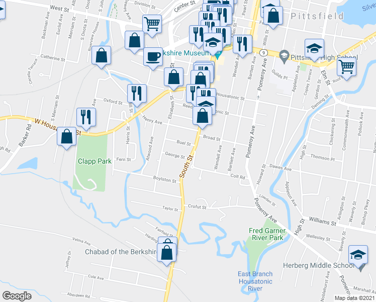 map of restaurants, bars, coffee shops, grocery stores, and more near 276 U.S. 20 in Pittsfield