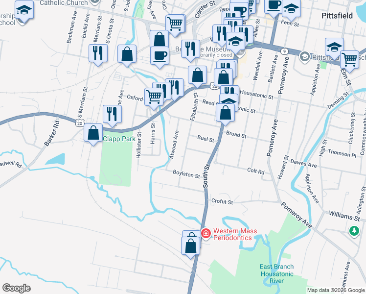 map of restaurants, bars, coffee shops, grocery stores, and more near 37 George Street in Pittsfield