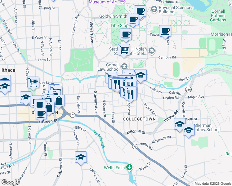 map of restaurants, bars, coffee shops, grocery stores, and more near 111 Dryden Road in Ithaca