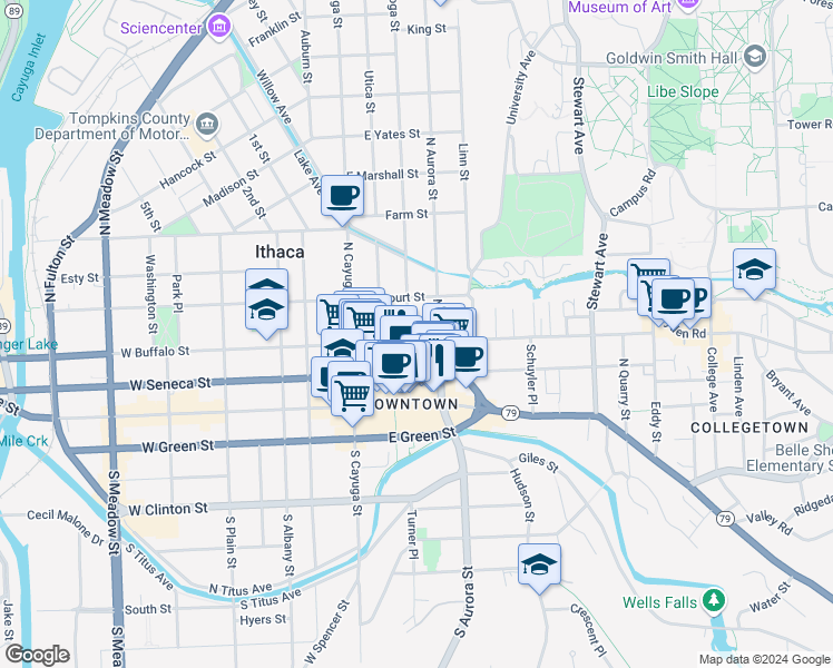 map of restaurants, bars, coffee shops, grocery stores, and more near 130 East Seneca Street in Ithaca