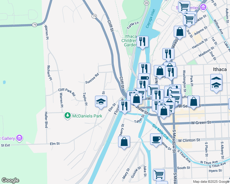 map of restaurants, bars, coffee shops, grocery stores, and more near Chestnut Hill Apartment in Ithaca