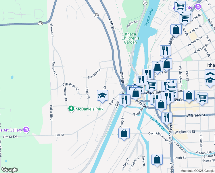 map of restaurants, bars, coffee shops, grocery stores, and more near 111-399 Chestnut Street in Ithaca