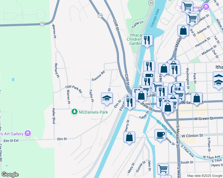 map of restaurants, bars, coffee shops, grocery stores, and more near 111-399 Chestnut Street in Ithaca