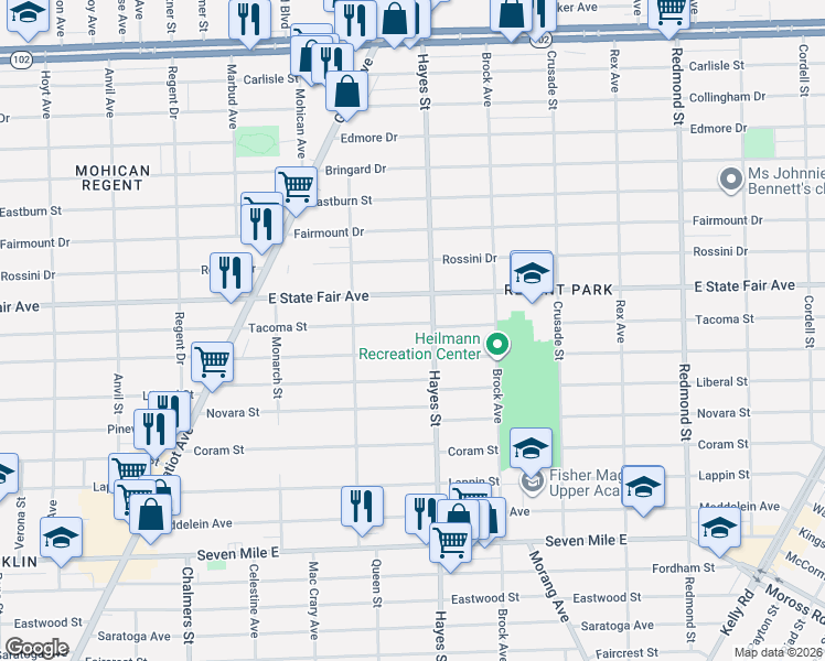 map of restaurants, bars, coffee shops, grocery stores, and more near 15025 Manning Avenue in Detroit