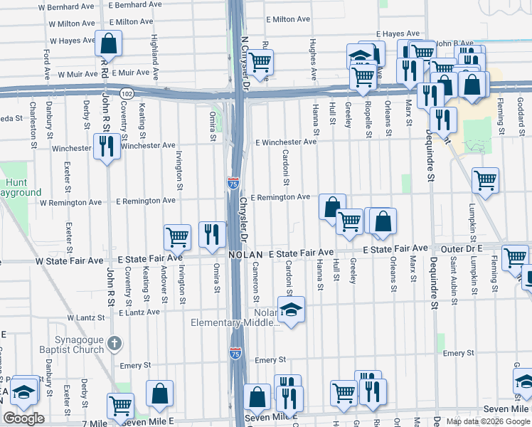 map of restaurants, bars, coffee shops, grocery stores, and more near 19980 Hawthorne Street in Highland Park