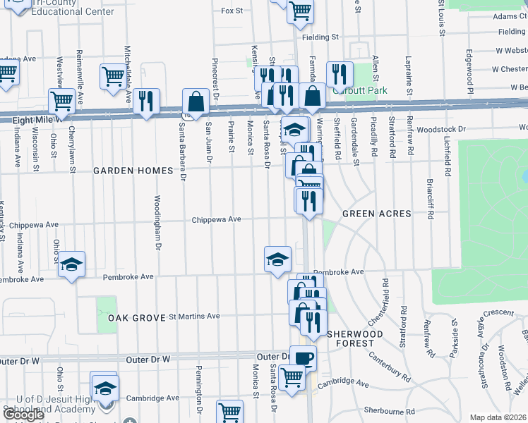 map of restaurants, bars, coffee shops, grocery stores, and more near 20051 Monica Street in Detroit