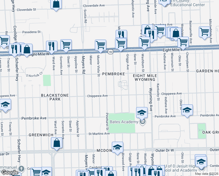 map of restaurants, bars, coffee shops, grocery stores, and more near 20110 Pinehurst Street in Detroit