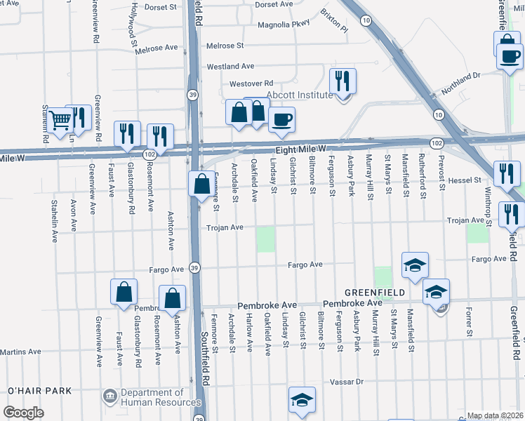 map of restaurants, bars, coffee shops, grocery stores, and more near 17300-17498 Trojan Avenue in Detroit