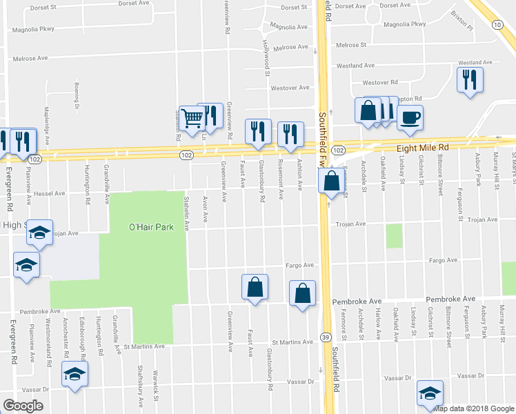map of restaurants, bars, coffee shops, grocery stores, and more near 20210 Faust Avenue in Detroit