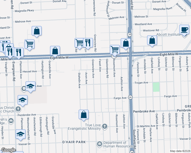 map of restaurants, bars, coffee shops, grocery stores, and more near 20215 Greenview Avenue in Detroit