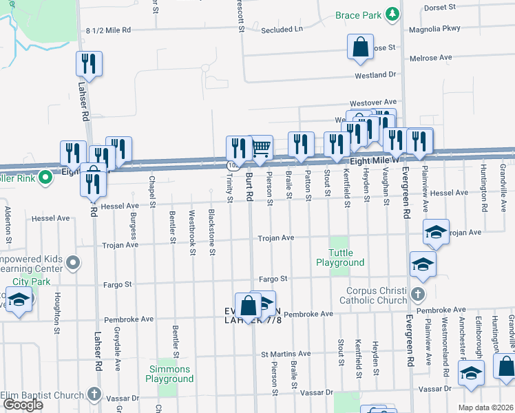 map of restaurants, bars, coffee shops, grocery stores, and more near 20250 Burt Road in Detroit