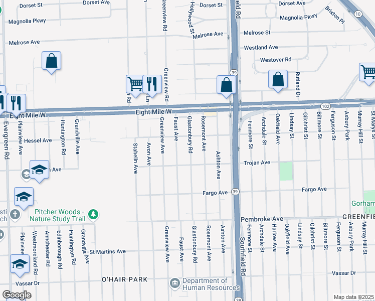map of restaurants, bars, coffee shops, grocery stores, and more near 20261 Glastonbury Road in Detroit
